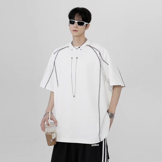 S.SOFEA Camiseta de manga corta con rayas oscuras para hombres en verano Diseño de moda guapo 2025 [alta calidad] CQS1423 Negro S