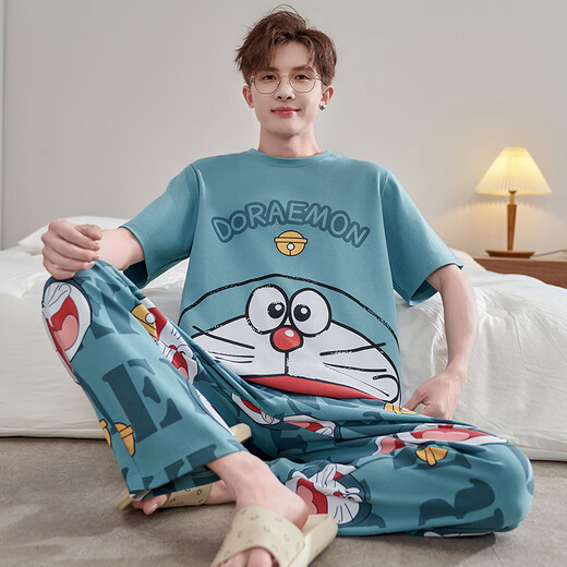 
JUNJUNSUIDIMEI Men's pajamas summer pure cotton short-sleeved trousers cartoon teenagers spring and autumn summer thin large-size home clothing set short-length-WB-671 Dingdang Cat L standard (high 165-170 100-125Jin [Jin equals 0.5 kg])