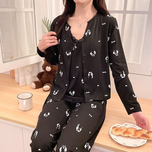 
Xianxiu sweet cartoon spring pajamas three-piece set for women's cute home clothes long sleeves trousers 13807# gray 170 M