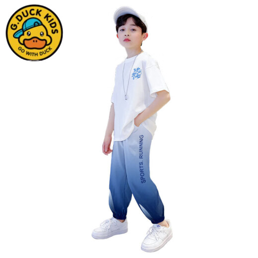G·DUCK KIDS小黄鸭男童套装冰丝2025夏季新款儿童运动短袖大童帅气男孩长裤 9767黑色+5725渐变色(冰丝套装) 160 cm