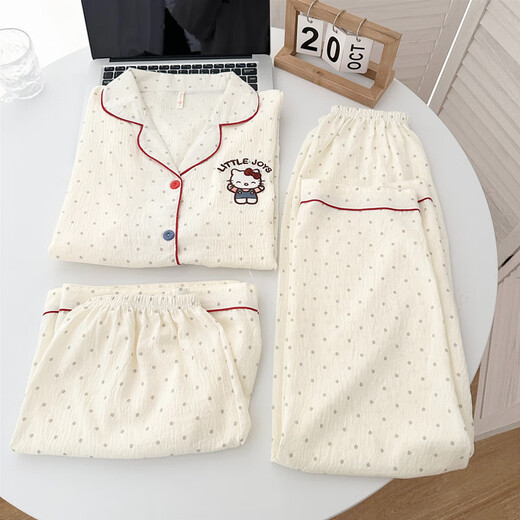 京濮飞HelloKitty短袖睡衣女春夏云朵棉三件套装家居服 云朵棉-9905#黑爱心三件套 M 【建议75-100斤】
