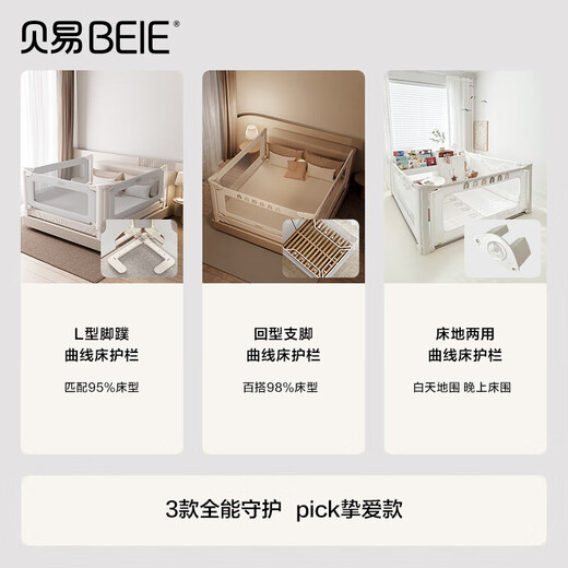 Beiyi Curved Bed Fence Baby Baffle Anti-fall Bed Guardrail L-shaped Feet Mica Gray Single Sided 1.8m