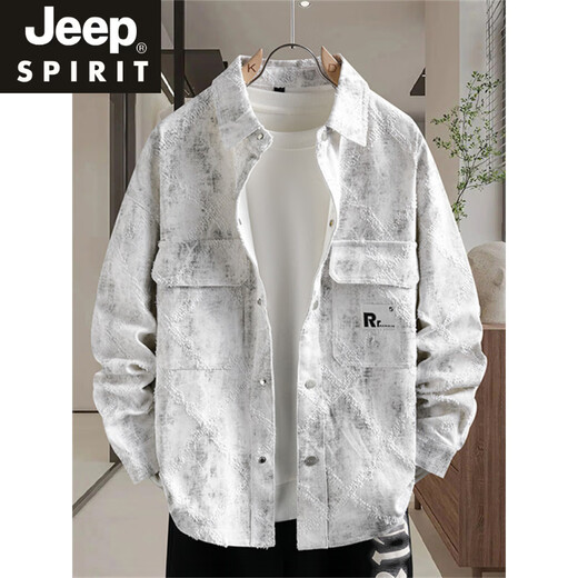 JEEP SPIRIT牛仔外套男生春秋季新款青少年衬衫夹克初高中学生男装潮流士上衣 16823白色 M (80-100斤左右)