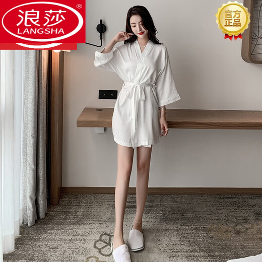 浪莎（LangSha）浴袍女款夏天薄款真丝睡袍新娘2024年新款白色性感七夕情人节礼物 短款袖睡袍 688#-白色 XL 175