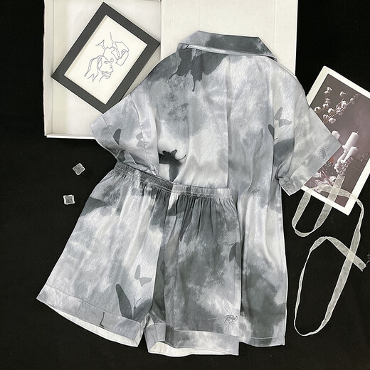 Catman (Miiow) Chinesischer Stil Krawattenpaar Pyjamas für Frauen kühl Ice Seide Sommer Dünne Kurzärmel-High-End-Hauskleidung für Männer zweiteiler Set 13077# Fischgräten-Schmetterlings-Women-Kurzärmel-Shorts m