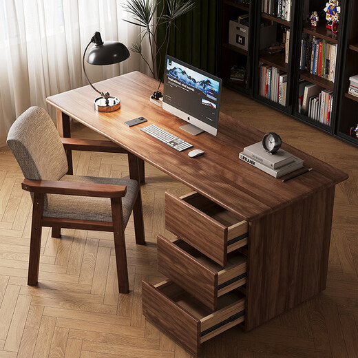 Huixun walnut solid wood desk with side cabinet computer desk simple modern office desk home bookcase combination study table and chair black walnut color # single desk 140cm*70cm*75cm walnut material