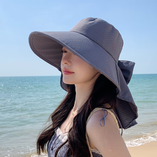
Summer sun hat, fashionable and versatile large brimmed shawl bow fisherman hat outdoor bike climbing sun hat 8759-Champagne rice [Shawk neck protection] hat 55-58cm