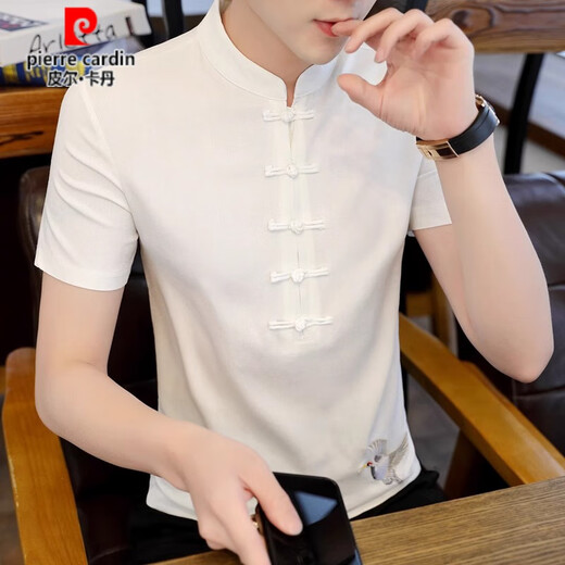 皮尔卡丹（pierre cardin）夏季唐装男短袖t恤中国风盘扣衬衫汉服宽松大码汉服仿棉麻民族风 黑色9871盘扣短袖 L