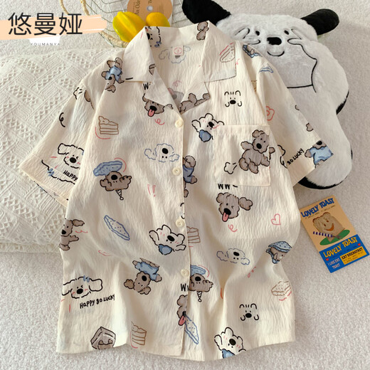 Youmanya pajamas for women in summer loose Korean version cute happy dog student girl cartoon dormitory casual home clothes can be worn outside 1105 Melody and Katie Cat-Yunduo Cotton Short Sleeve M (80-95Jin[Jin equals 0.5 kg])