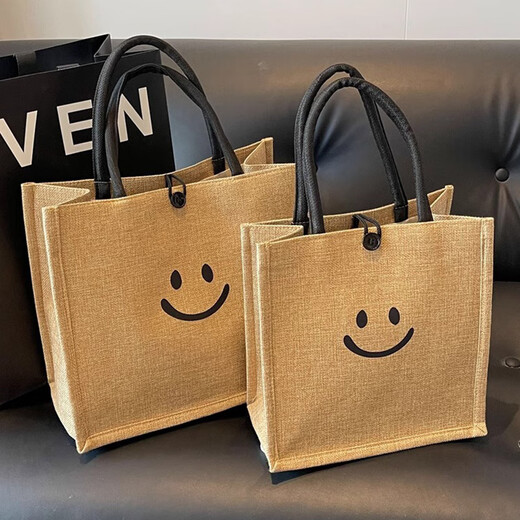 Xingxi Canvas Bag Women's Handbag 2025 New Large Capacity Linen Handbag Women's Ins Work Commuting Tote Bag Portable Linen Bag Smiley Face Large