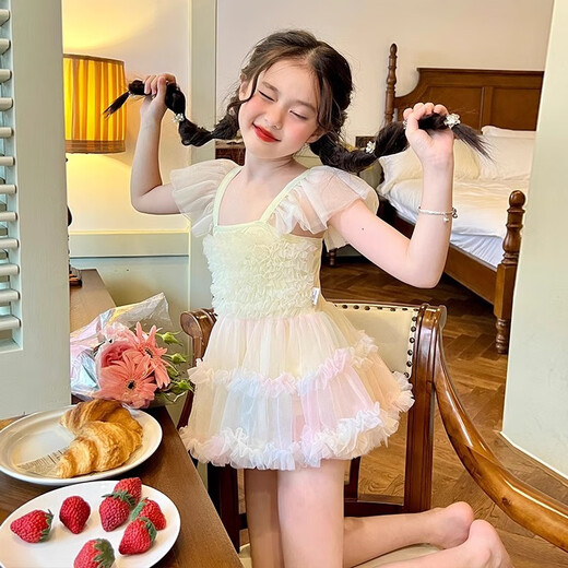 迪士尼（Disney）女童夏季泳装2025新款夏装儿童连衣裙tutu裙子宝宝夏款公主游泳衣 3527#彩虹泳衣 90 身高80cm左右