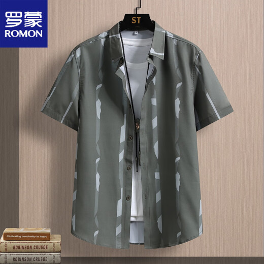 ROMON ice silk short-sleeved shirt men's elastic summer thin printed casual shirt half-sleeved stretch shirt without ironing handsome FJL7027 black M [95-110Jin[Jin equals 0.5 kg]]