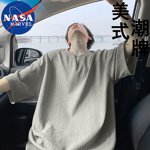 NASA MARVEL短袖t恤男士夏季休闲简约透气半袖V领上衣户外休闲服 白色 XL