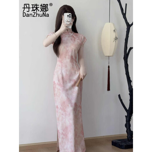 
DanZhuNa new Chinese dress women's 2025 summer new style improved national style girl cheongsam modified skirt summer 9710 pink cheongsam (no accessories) M