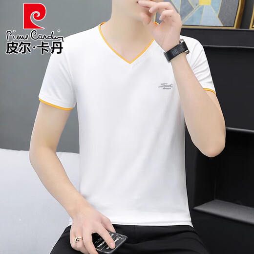 皮尔卡丹（pierre cardin）2025新款新疆纯棉男士短袖t恤衫打底衫V领体恤潮流半袖夏装上衣服 QY691白色 M 【建 议：85斤至100斤】