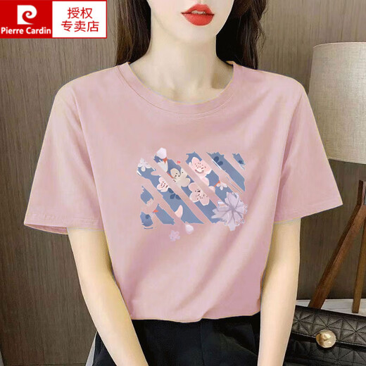 皮尔卡丹（pierre cardin）浅粉色纯棉短袖t恤女士宽松气质减龄印花半袖夏装2025年新款上衣 6195白色 短袖 M (建议80-105斤)