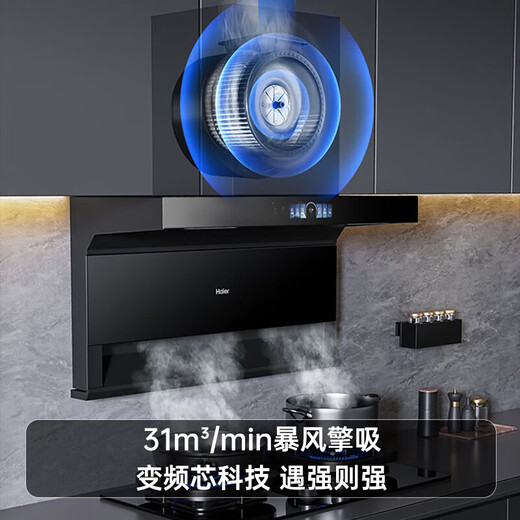 Haier Frequency Converter Range Hood Gas Stove Set Top Side Double Tree-Suction Range Hood Maison Silencieuse 31 Cube cube Super Large Aspiration Hot Melt Auto-Reaning 759ud [Subvention 2] 25 ans Nouveau Hood Top-End 31M Hood EC759UD