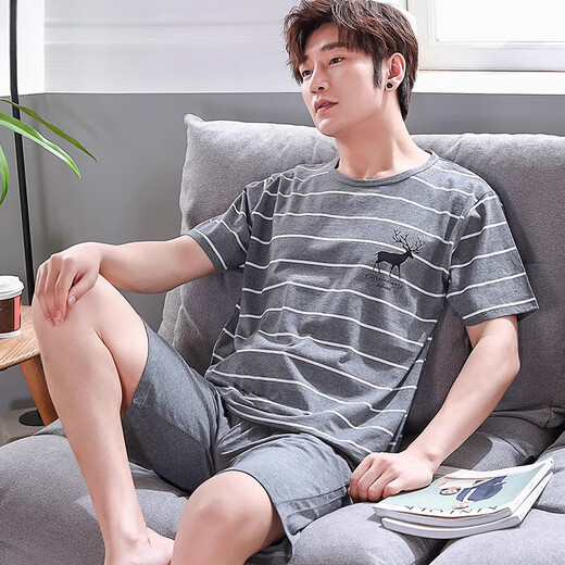 Les nouveaux pyjamas de coton pour hommes de Miaofulian pour hommes à manches courtes à manches à manches courtes, les vêtements de maison minces peuvent être portés à l'extérieur du costume T679 M 80-100jin [Jin est égal à 0,5 kg]