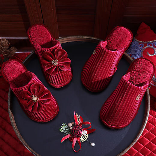 
Wedding slippers couple wedding festive red pair of women dowry wedding autumn and winter cotton drag wedding supplies collection Gold velvet strips cotton slippers 9905 [women's style] 20 size small recommended large [2] size