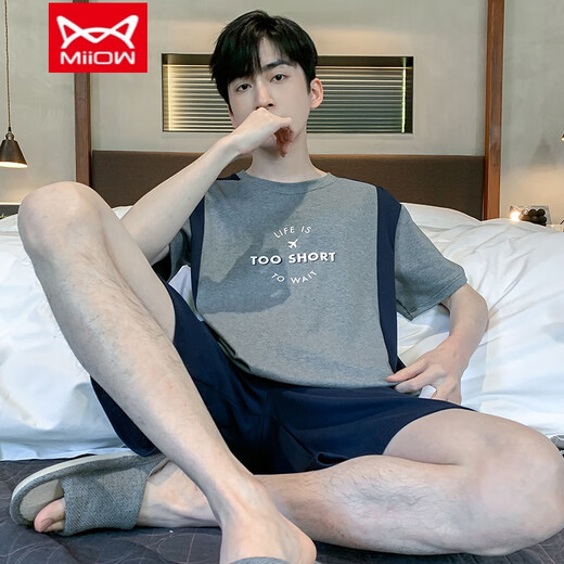 猫人（MiiOW）男士睡衣男款夏季薄款短袖短裤加肥加大码中青年可外穿家居服套装 9928# L 【建议100-120斤】