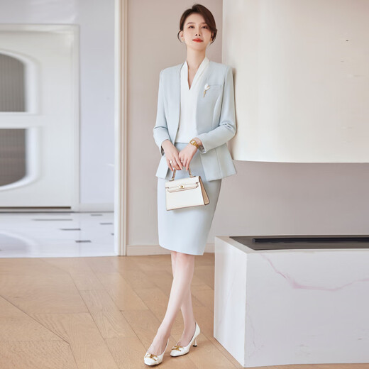 J-ME Business Suit Suit Skirt Host Formal Wear Women's High-End Work Clothes Temperament Goddess Style Sales Department Work Clothes Suit Jacket + Shirt + Skirt (Blue + White) 2XL