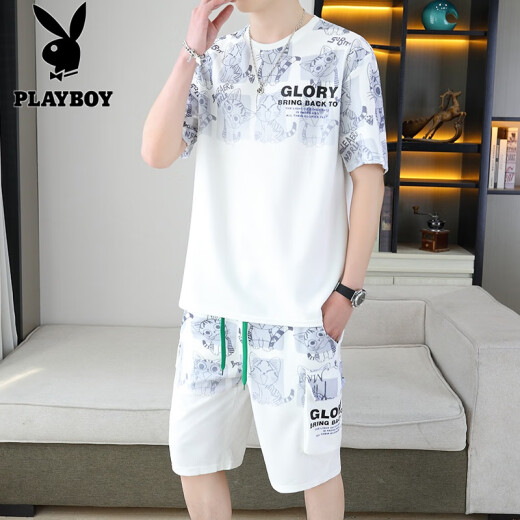 花花公子（PLAYBOY）2025夏季新款短袖套装男士青年百搭短裤休闲运动两件套渐变色男装 6187蓝色 XL