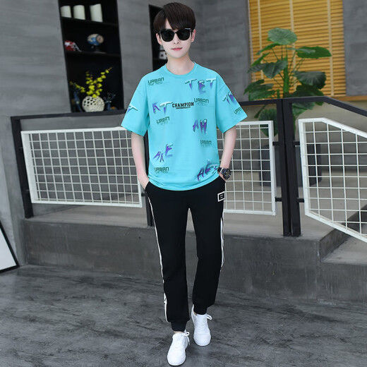 Saiyou Junior High School Students Short-sleeved Teenager Cotton T-shirt Boy Junior High School Students 12-16 Years Old Sports Set is Handsome 9226 White Blue [Set] S About 60-75 Jin [Jin equals 0.5 kg]