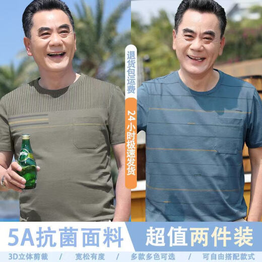 啄木鸟（TUCANO）父亲节爸爸夏装短袖t恤男中年男士圆领体恤衫中老年男装薄款上衣 698青灰+690咖色 L 【适合110-130斤】