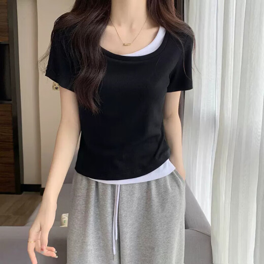 拼接撞色方领黑色短袖假两件女生夏季新款ins内搭打底短款上衣 杏色 【KK-R719】 M
