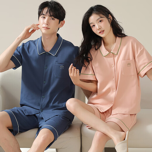 雅鹿高品质情侣睡衣夏季棉质短袖短裤简约纯色开衫男士女款可外穿家居 X12705-12805# L 女款：