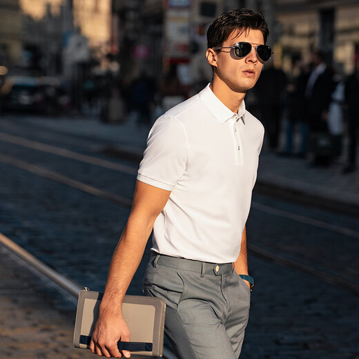 Mr. Bu patentierter Kragen mit drei Pin-Knopf Exquisite Business Polo Herren Sommerfeuchtigkeits-absorbierender und atmungsaktiver, fester Farbe kurzärmelig AT12161 Elfenbeinweiß L (175)