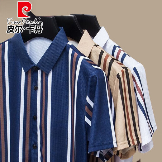 皮尔卡丹（pierre cardin）高档桑蚕丝短袖衬衫男士夏季新款潮流条纹弹力休闲商务免烫衬衣潮 白色 【高档短衣袖688】 L 170115-130斤
