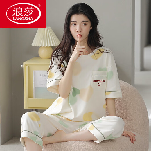 浪莎（LangSha）2025睡衣女士夏季纯棉短袖七分裤可外穿甜美休闲全棉家居服舒适时 607灰色条纹 黑白条纹9848 M 建议75-90斤穿
