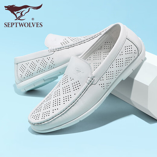 Siete zapatos para hombres de lobo para zapatos de frijoles de vaca nuevos de la capa superior de verano para hombres de negocios para hombres zapatos loafer zapatos de cuero transpirable sin deslizamiento blanco 9926 42