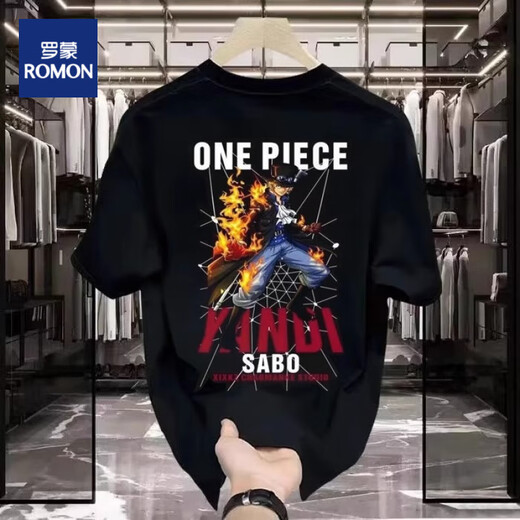 ROMON T-shirt Men's Japanese One Piece Animation Print Print Short Sleeve Men's 2025 Summer Middle-aged and Young Round Neck T-shirt Top C6197-White (220g) Long Fleece Cotton S