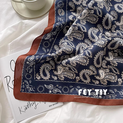 
Miao Yijia silk scarf for women, small square scarf tie neck high-end Korean scarf thin retro scarf tie summer temperament simple retro Korean navy brown edge square scarf