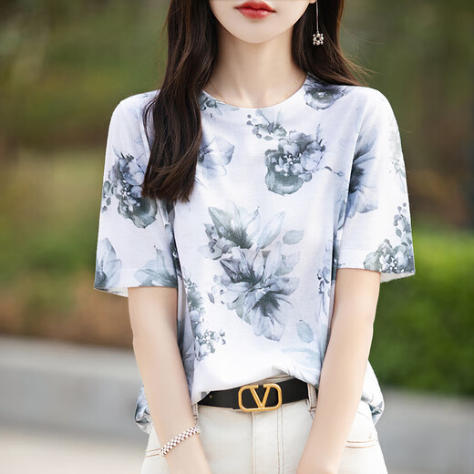 HMRSV Mulberry Silk Kurzärärmelte T-Shirt für Frauen 2025 Sommer Neues lässiges und modisches Design Cooles Gefühl MA Family Drucken Top Trend Chinese Style Ink 844 XL