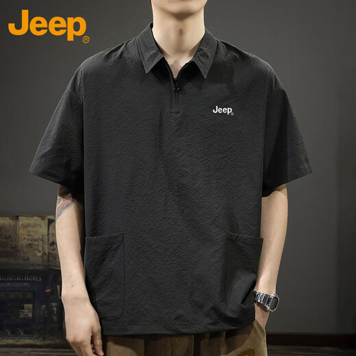 
Jeep (JEEP) short-sleeved T-shirt for men's cool polo shirt for men's trendy brand loose semi-zipper quick-drying top for men's clothing Black XL