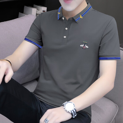 
Yuankouzhu Flour Cotton Paul embroidered Polo shirt for men slim short-sleeved T-shirt for summer lapel top breathable half-sleeved T-shirt S5012 model carbon gray M suitable for 95-115Jin [Jin equals 0.5 kg]