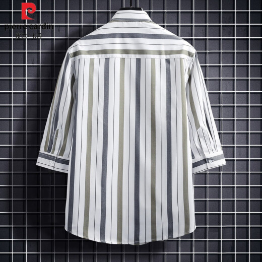 Pier Cardin Camisa de manga de siete trimestrales para hombres Camiseta de moda de estilo coreano de verano para hombres para hombres Rayas verticales casuales Del finas delgadas DC679 Brown 2xl