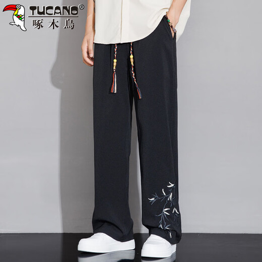 Pájaro carpintero (tucano) pantalones casuales para hombres para pantalones de verano para hombres delgados listos bordados bordados estilo chino pantalón de seda de seda con patas anchas negras xl