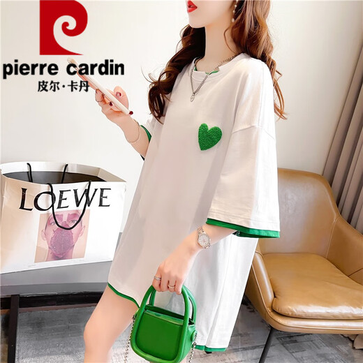 皮尔卡丹（pierre cardin）夏季假两件短袖t恤女纯·棉宽松刺绣上衣设计感中长款ins潮大尺码 1502白色 印花纯·棉 XL 140-165斤