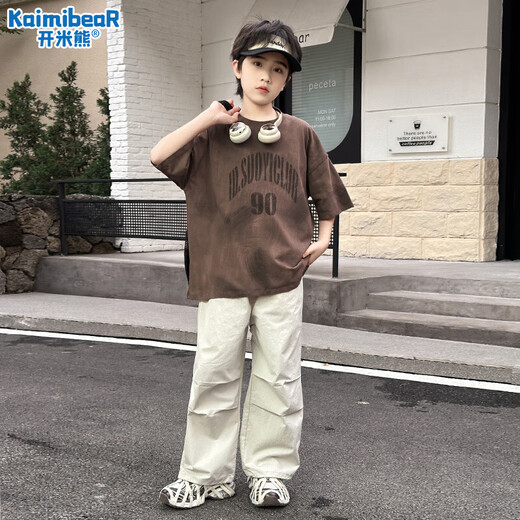 开米熊男童夏季套装2025新款儿童装夏装潮帅气时髦男孩短袖裤子运动衣服 咖色 160 码建议身高155cm左右
