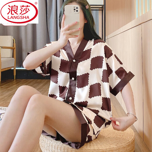 Langsha (Langsha) Sweet Summer Ice Silk Pajamas Set pour les femmes à manches courtes fine fille décontractée fille mignonne de vêtements de maison décontractés 829 # Lettres carrées à double poitrine l 100-115Jin [Jin est égal à 0,5 kg]