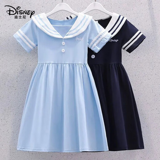 迪士尼（DISNEY）女童海军学院风连衣裙夏季短袖新款洋气儿童女孩夏装薄款裙子 蓝色 学院裙子7029 110