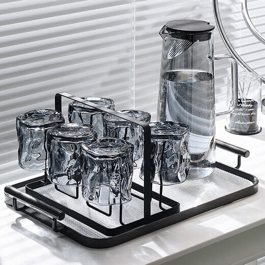 Lugaris Nordic style glass home set living room drinking cup simple family tea cup for entertaining guests 6 ash twist cups + black stand + straight pot + black iron plate