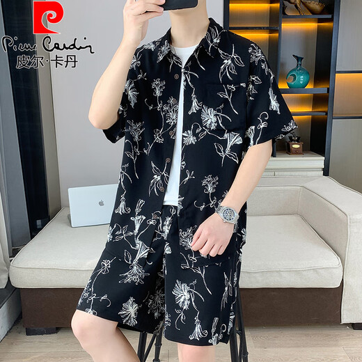 
Pierre cardin ice silk short-sleeved shirt suit men's summer casual cool quick-drying floral shirt with beach shorts two-piece set 679 black suit M 90-110Jin [Jin equals 0.5 kg]