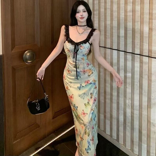 
Rongxitu butterfly printed suspender dress sweet and spicy waist-hugging summer new style short [6628#] XL