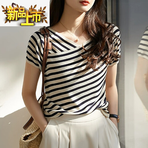 First-diameter French striped short-sleeved T-shirt for women in summer new style loose slim v-neck thin knitted sweater ice silk top DX829# striped color S recommended 85-99Jin [Jin equals 0.5 kg]