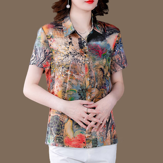 Kuss Yixiu Guangdong Puning High-End-Hemd für Frauen mit kurzärärmernem Frauen-Seidenhemd für Frauen im Sommer, mittleren und älteren Müttern für halbärmelige 9913 Farbe L [Vorgeschlagen 90-105 Jin [Jin gleich 0,5 kg]]